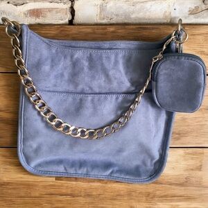 ADHORNED FAUX-SUEDE MESSENGER CHUNKY SILVER CHAIN & CLIP-ON POUCH